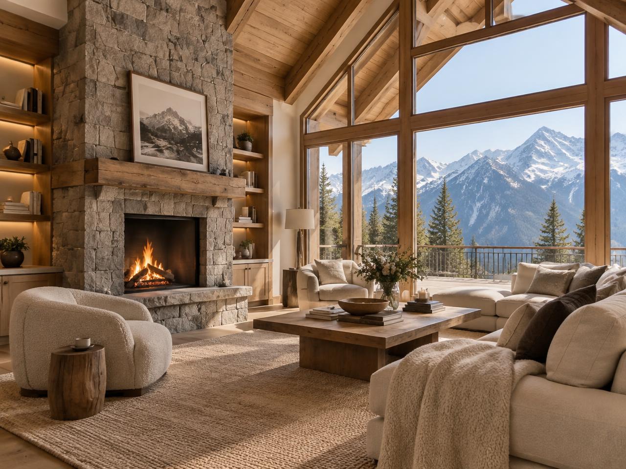 Alpine chalet living room with fireplace