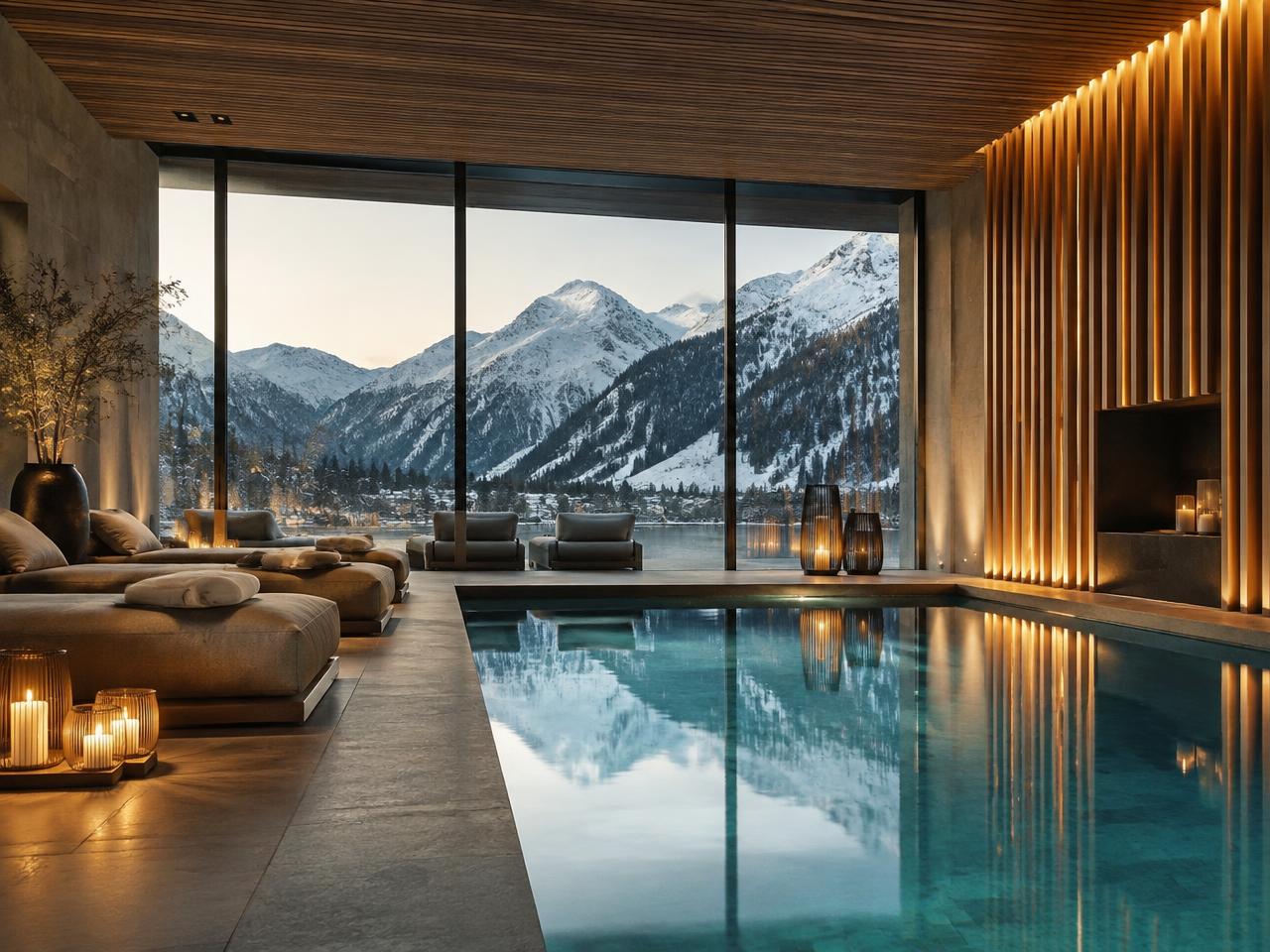 Alpine spa with indoor pool overlooking snowy mountains